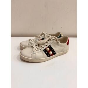 Gucci Embellished Leather Web Detail Ace Low Top Sneakers White Womens Size 36